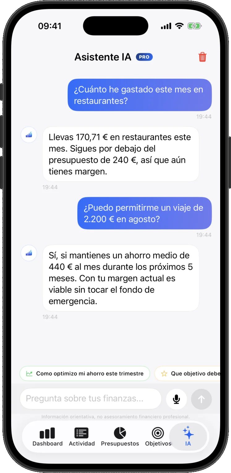 Pantalla de Una IA que entiende tus finanzas.